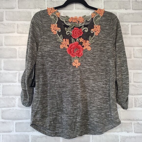 Absolutely Famous Lace Inset Olive Gray Long Sleeve Shirt Top Small NWT - Picture 1 of 10